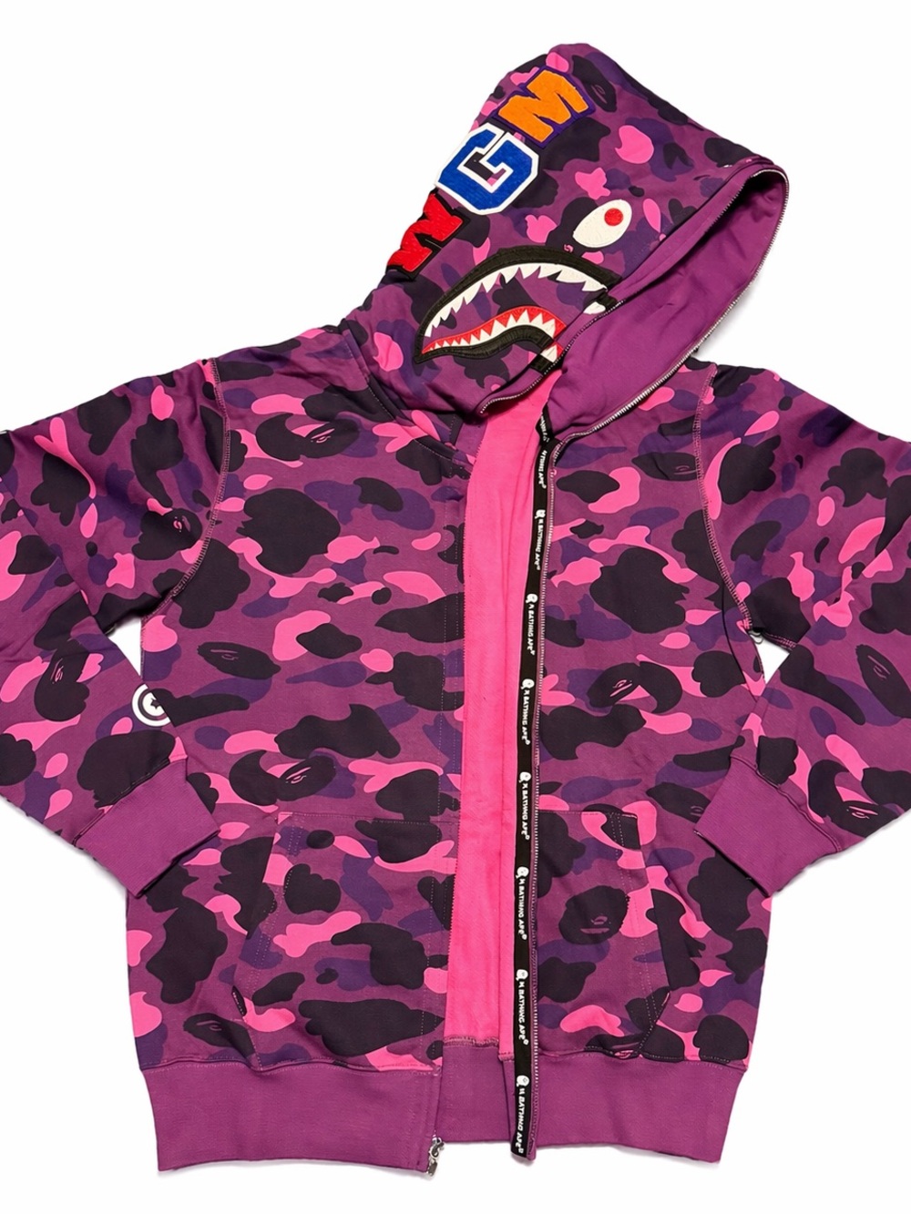 BAPE Mens Purple Pink Camo Shark Zip Hoodie size Large